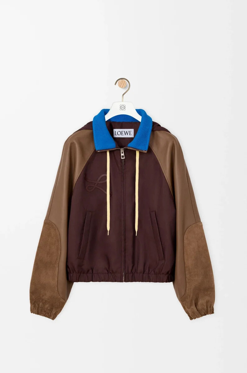 chaqueta bomber de nailon napa de cordero y ante de becerro marrón