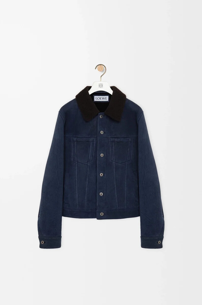 chaqueta de camionero en piel de oveja azul marinomarrón