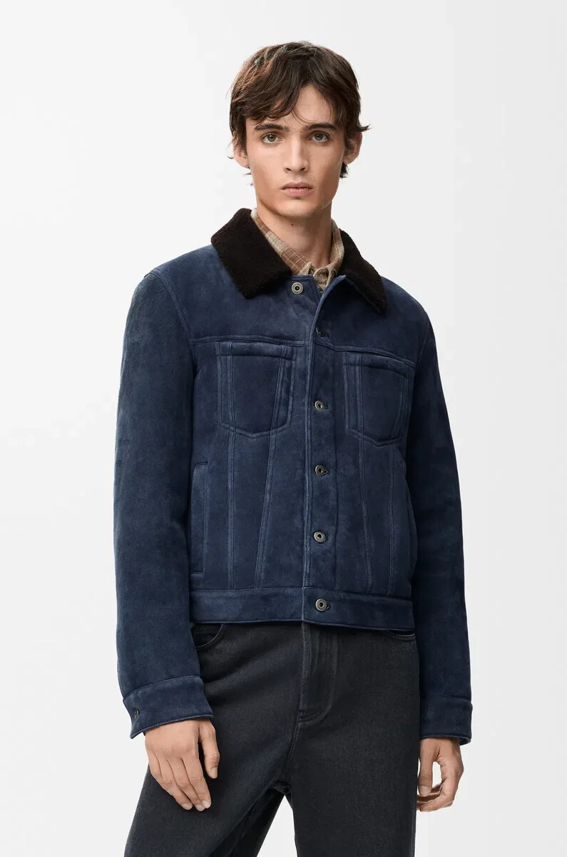 chaqueta de camionero en piel de oveja azul marinomarrón