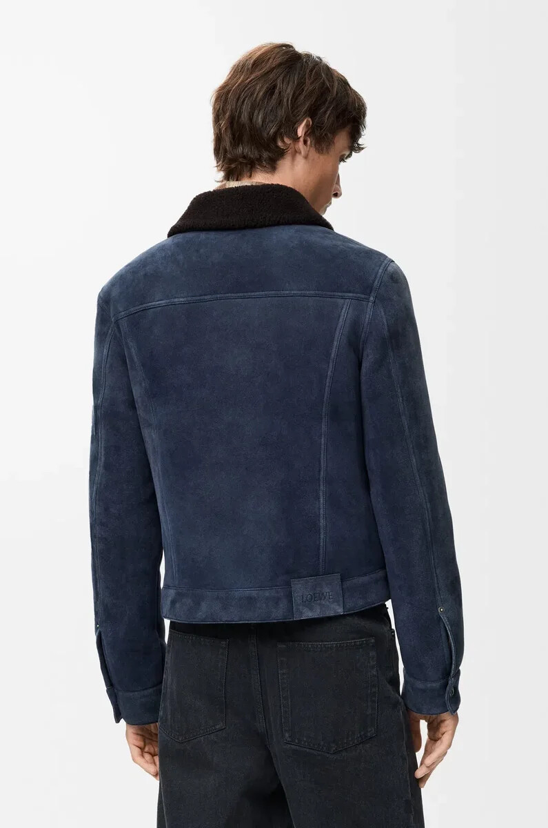 chaqueta de camionero en piel de oveja azul marinomarrón