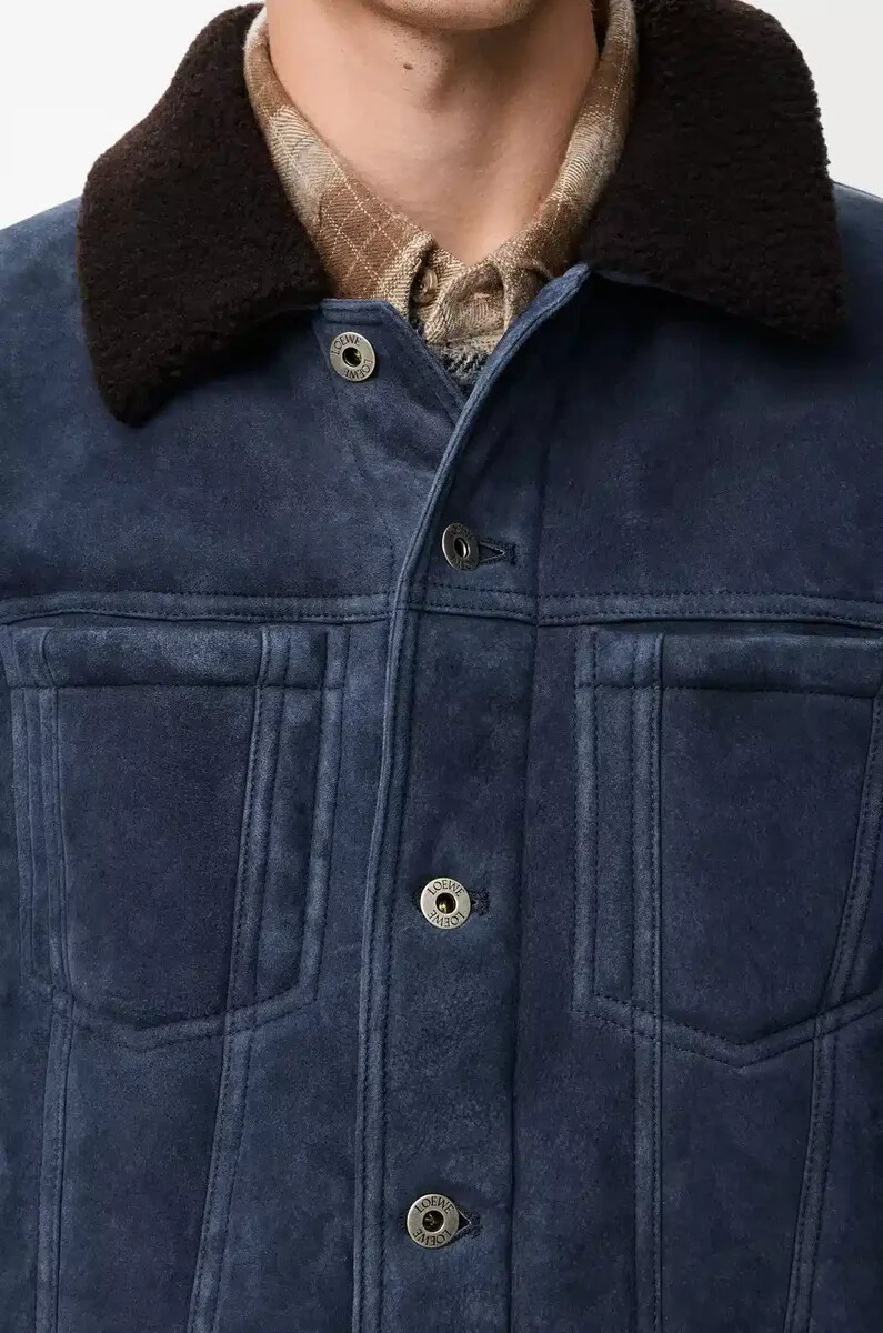 chaqueta de camionero en piel de oveja azul marinomarrón