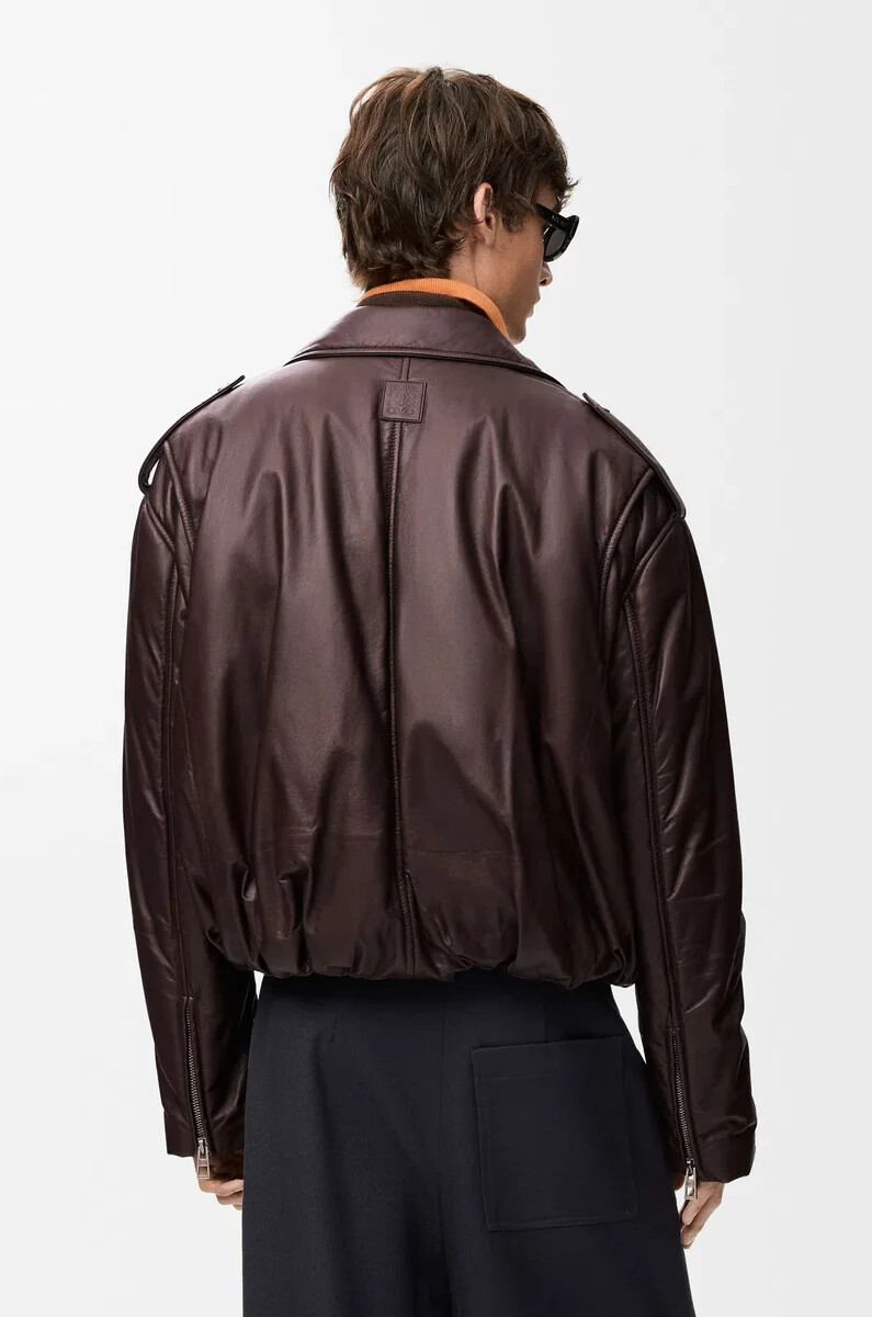 chaqueta biker balloon de piel de cordero napa marrón oscuro