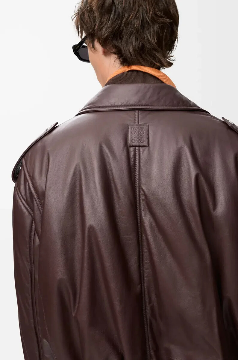chaqueta biker balloon de piel de cordero napa marrón oscuro
