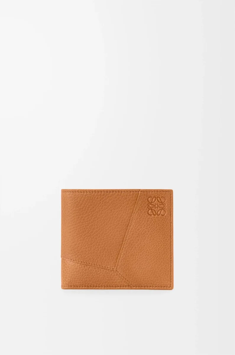 cartera plegable puzzle en piel de becerro granulada flexible color marrón cañón claro