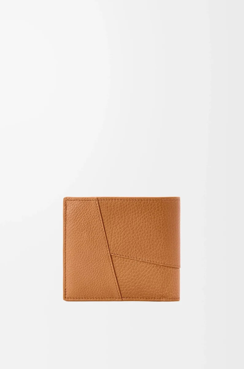 cartera plegable puzzle en piel de becerro granulada flexible color marrón cañón claro