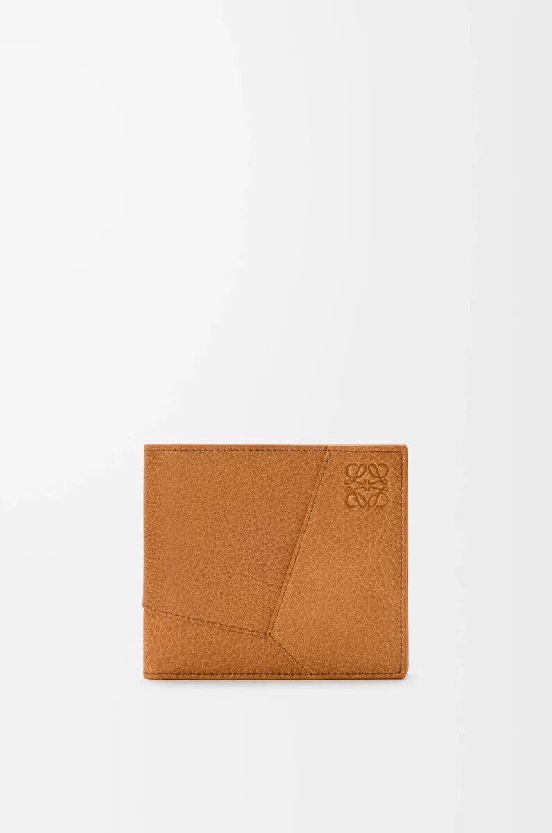 monedero plegable puzzle en piel de becerro granulada flexible color marrón cañón claro