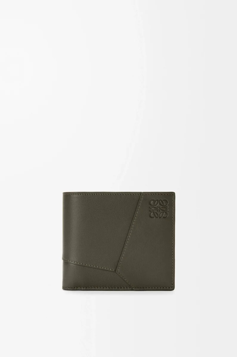 cartera plegable puzzle en piel de becerro clásica color caqui oscuro