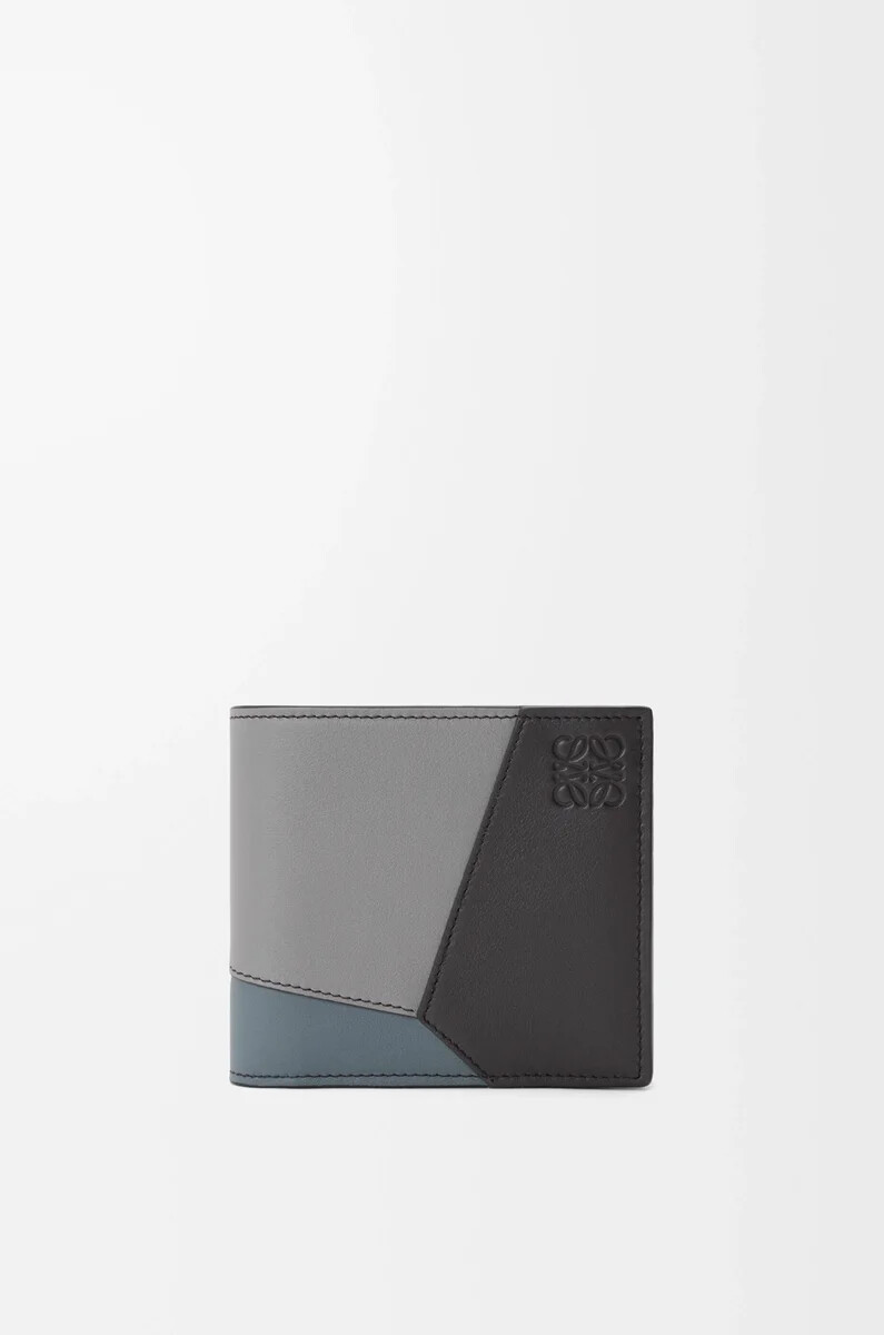 monedero plegable puzzle en piel de becerro clásica gris asfaltoazul tormenta