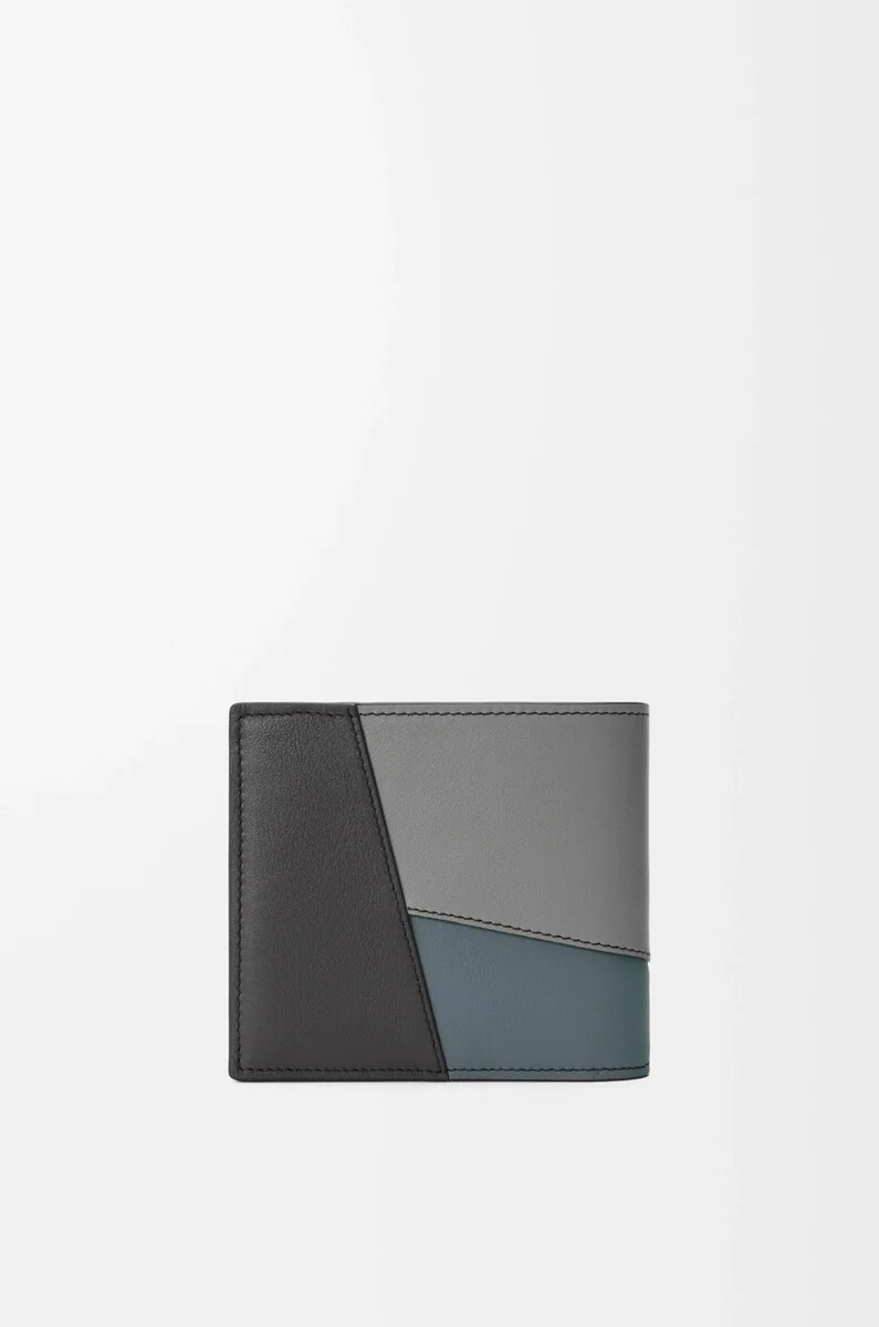 monedero plegable puzzle en piel de becerro clásica gris asfaltoazul tormenta