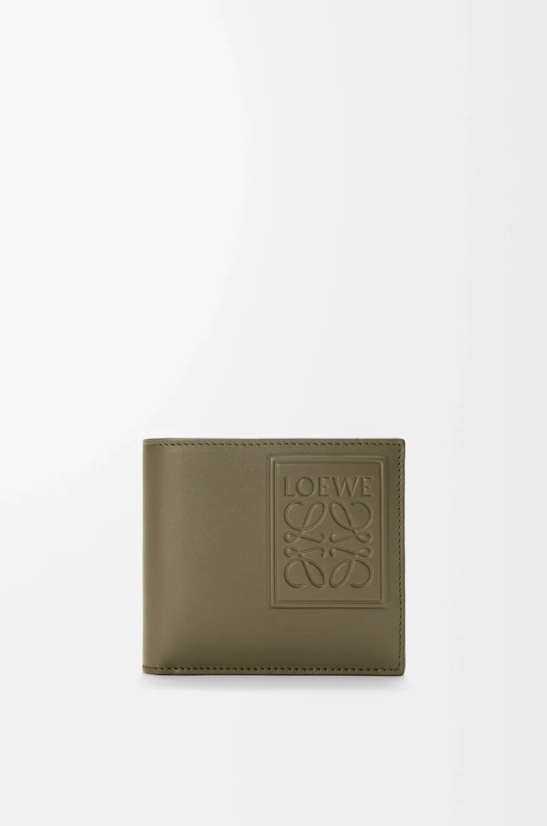 monedero plegable en piel de becerro satinada color verde caqui