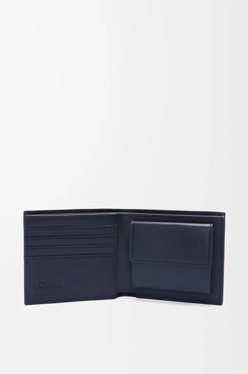 monedero plegable en piel de becerro clásica texturizada azul marino oscuro