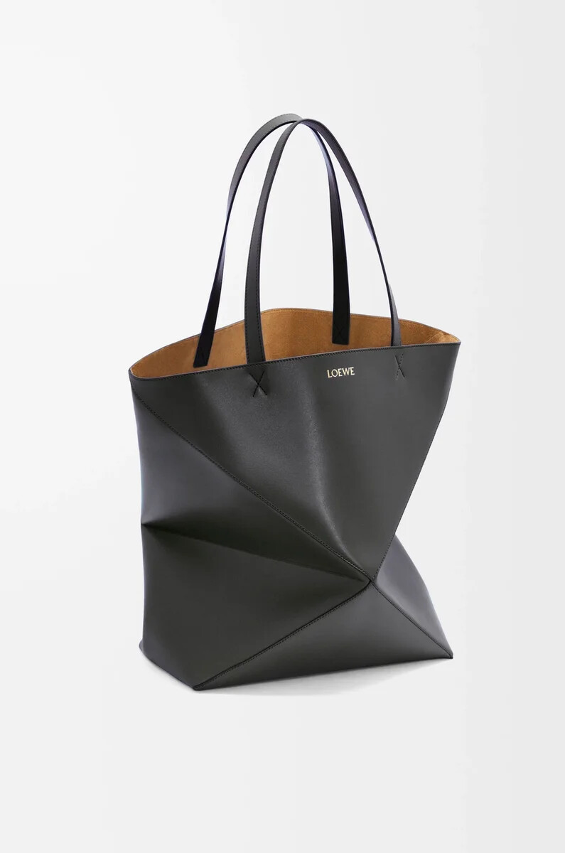 bolso tote plegable puzzle xl en piel de becerro brillante negro