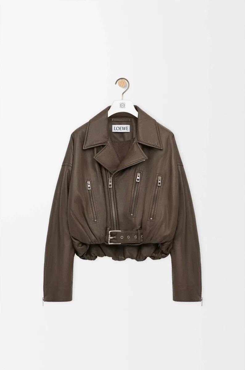 chaqueta biker de piel de cordero napa color verde caqui