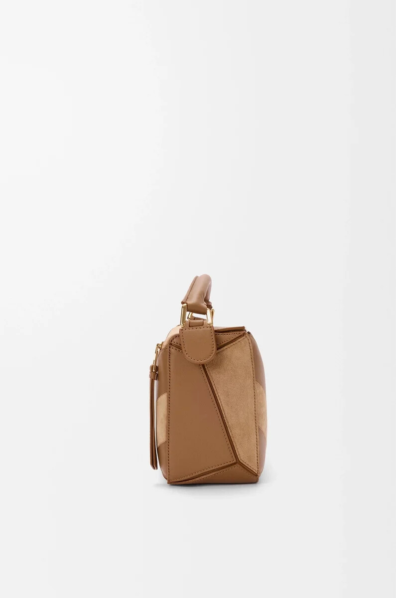 bolso puzzle pequeño en piel de becerro clásica y ante oak