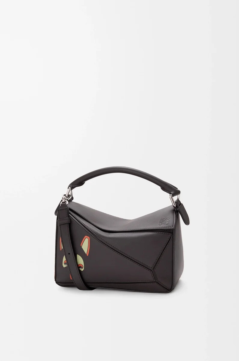 bolso puzzle pequeño futurist cat en piel de becerro clásica color topo oscuro
