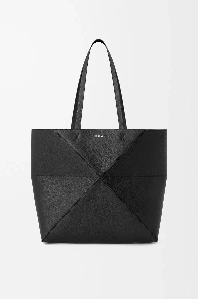 bolso tote mediano horizontal puzzle fold en piel de becerro granulada suave negro