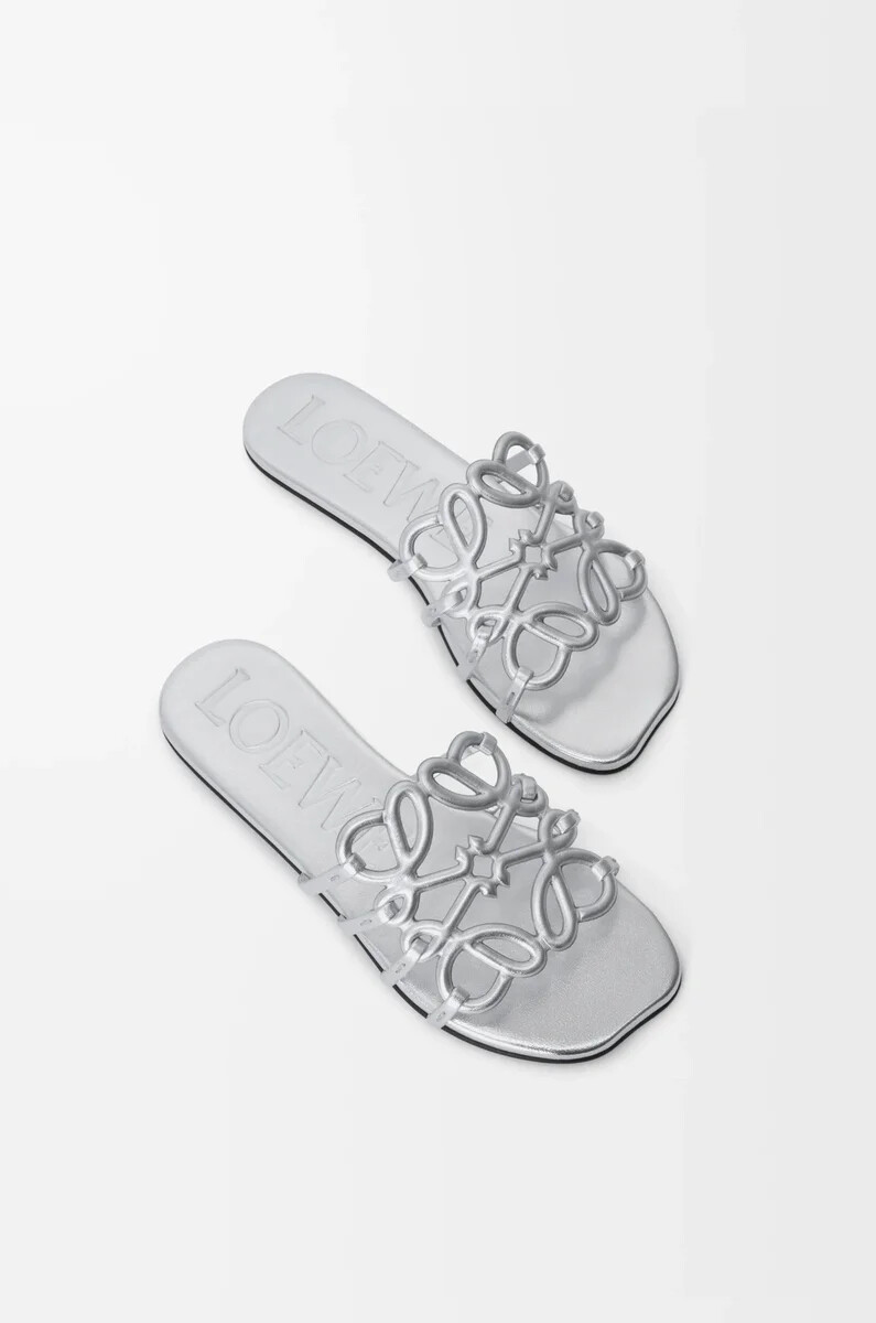 diapositiva con anagrama de pétalos en piel de cordero laminada plata