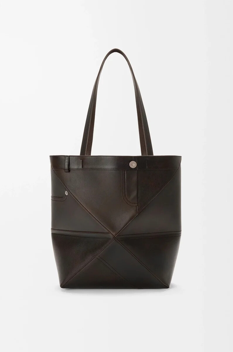 bolso tote panta mediano puzzle fold en piel de becerro brillante vintage brown