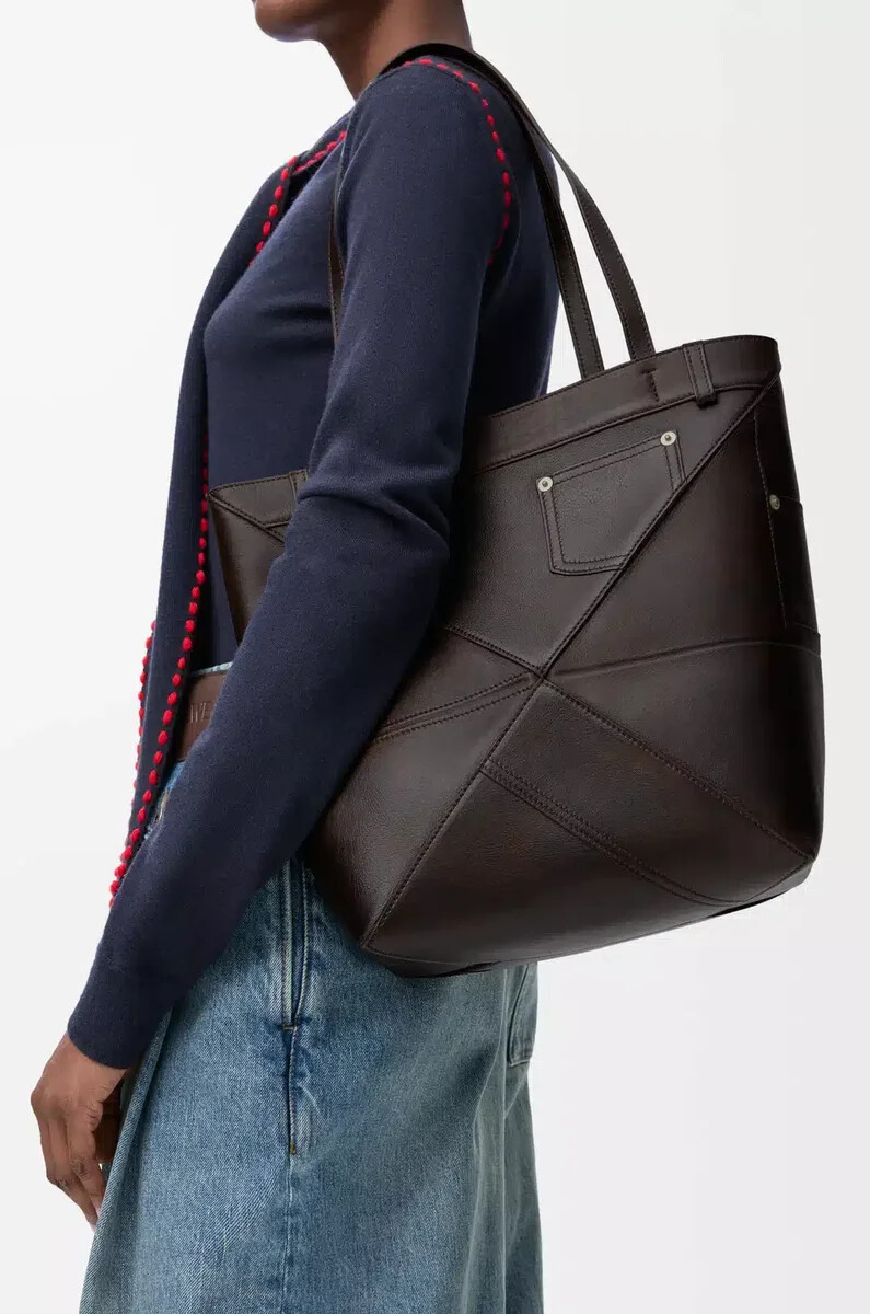 bolso tote panta mediano puzzle fold en piel de becerro brillante vintage brown